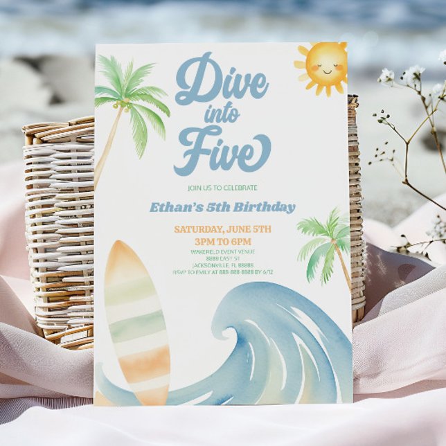 Dive Into Five Beach Surf Blue 5th Birthday Party Invitation (Creator Uploaded)