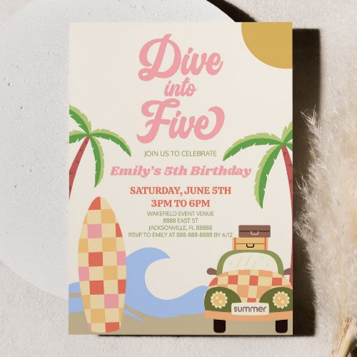 Dive Into Five Beach Surf Retro 5th Birthday Party Invitation