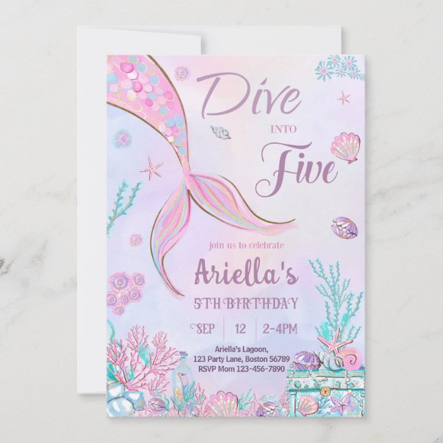 Dive Into Five Birthday Invitation Mermaid 5th (Front)