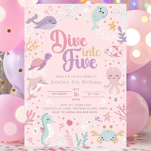 Dive Into Five Birthday Invitation. Ocean Animals Invitation