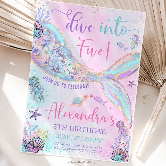 Dive into Five Birthday Mermaid Invitation (mermaid birthday invitation, dive into five, mermaid party invite, 5th birthday mermaid, under the s)