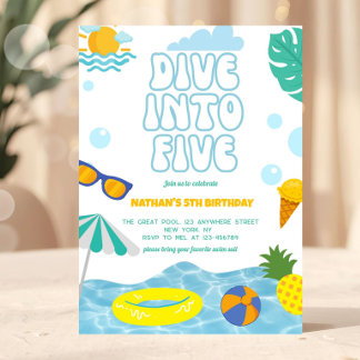 Dive Into Five Boy 5th Birthday Pool Summer Party Invitation
