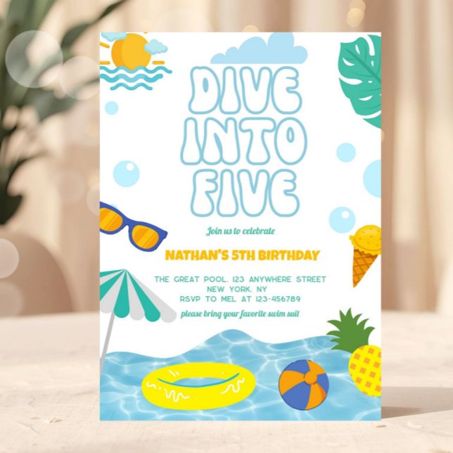 Dive Into Five Boy 5th Birthday Pool Summer Party Invitation (pool party invitation, dive into five invite, summer birthday invite, beach birthday invitation, kid)