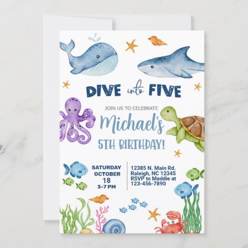 Dive into five boy 5th birthday sea life invite invitation