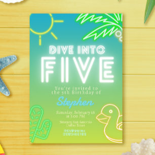 Dive into Five - Boy Pool Party Invitation