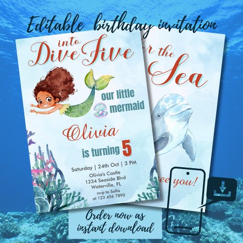 Dive into Five Brown Mermaid 5th Birthday Girl Invitation