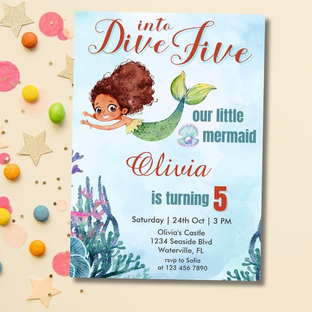 Dive into Five Brown Mermaid 5th Birthday Girl Invitation (Creator Uploaded)