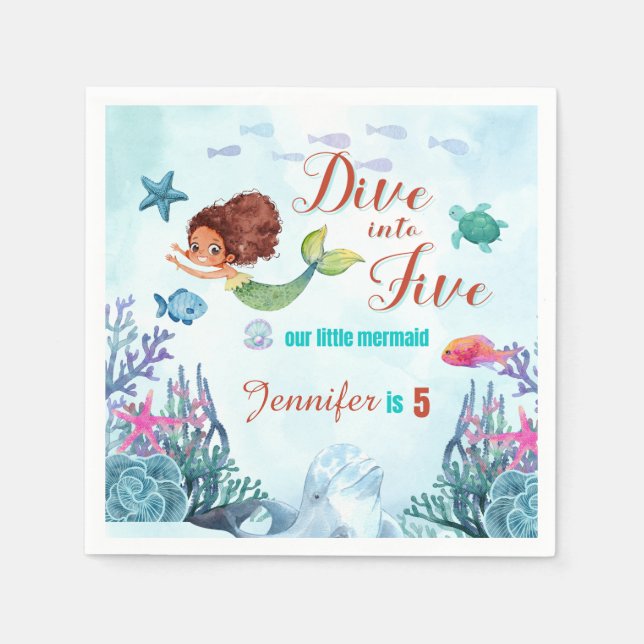 Dive into Five Brown Mermaid 5th Birthday Girl Napkins (Front)