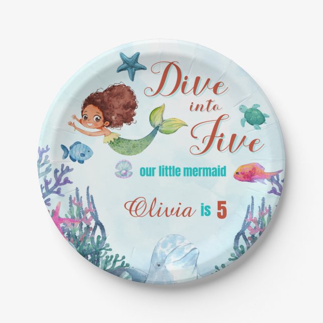 Dive into Five Brown Mermaid 5th Birthday Girl Paper Plates (Front)