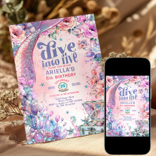 Dive into Five Flower Glitter Mermaid Tail  Invitation