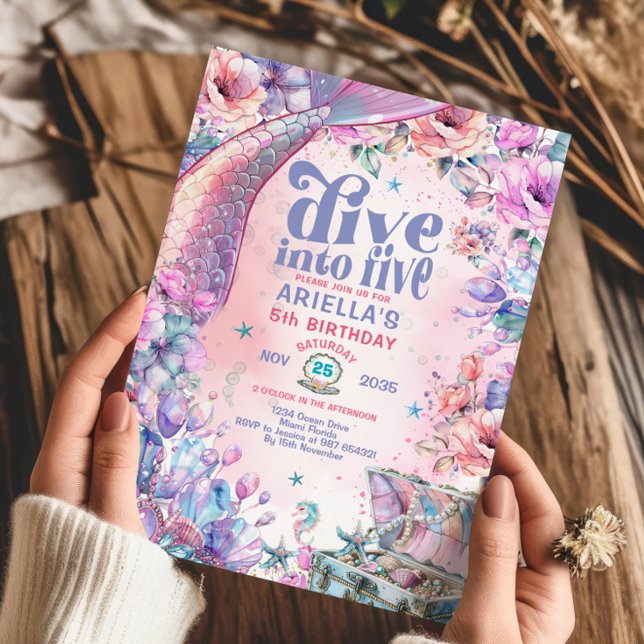Dive into Five Flower Glitter Mermaid Tail  Invitation (Creator Uploaded)