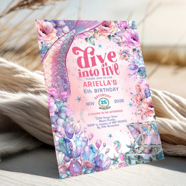 Dive into Five Flower Glitter Mermaid Tail  Invitation (Creator Uploaded)