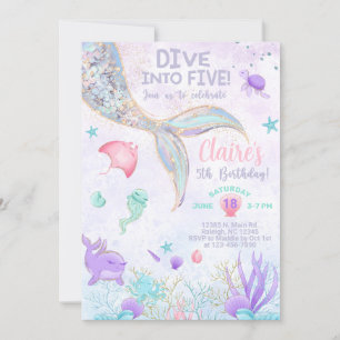 Dive into five girl 5th birthday mermaid invite. invitation
