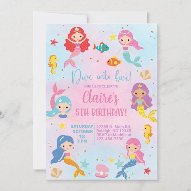 Dive into five girl 5th birthday mermaids invite. invitation (Front)