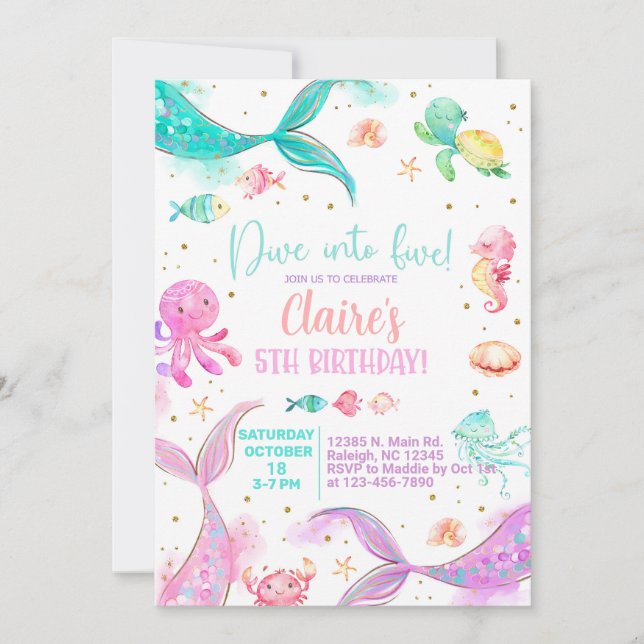 Dive into five girl 5th birthday mermaids invite. invitation (Front)