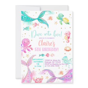 Dive into five girl 5th birthday mermaids invite. invitation