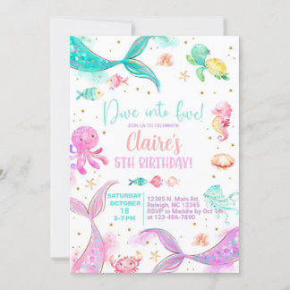 Dive into five girl 5th birthday mermaids invite. invitation