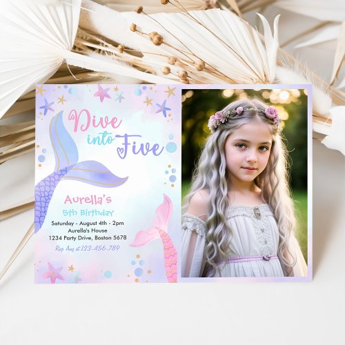 Dive Into Five Girl 5th Birthday Party Photo Invitation