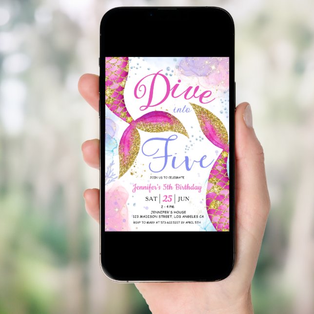 Dive into Five Girl Pink 5th Birthday Party  Invitation (Front Digital)