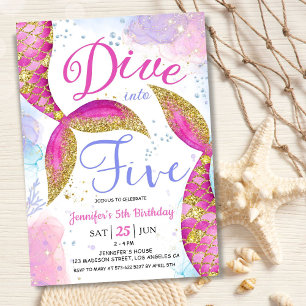 Dive into Five Girl Pink 5th Birthday Party Invitation