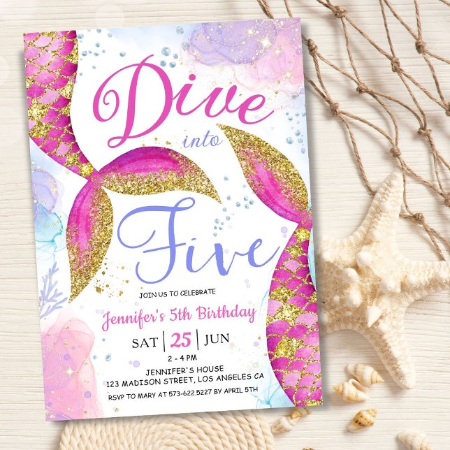 Dive into Five Girl Pink 5th Birthday Party  Invitation (Creator Uploaded)