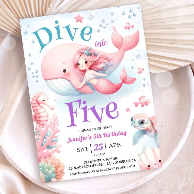 Dive Into Five! Girl Pink Mermaid 5th Birthday  Invitation (Creator Uploaded)