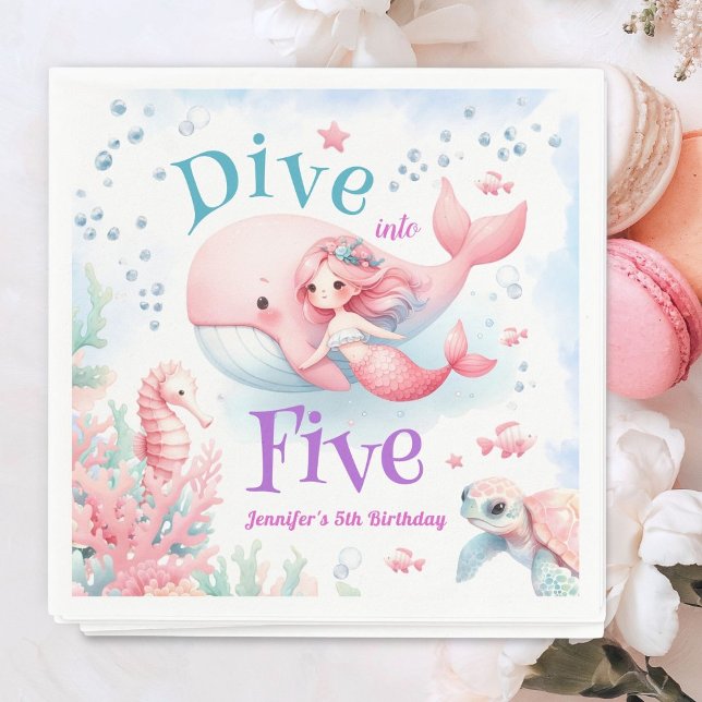 Dive Into Five! Girl Pink Mermaid 5th Birthday Napkins (Creator Uploaded)