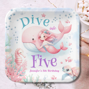 Dive Into Five! Girl Pink Mermaid 5th Birthday Paper Plates