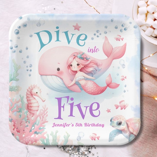 Dive Into Five! Girl Pink Mermaid 5th Birthday Paper Plates (Creator Uploaded)