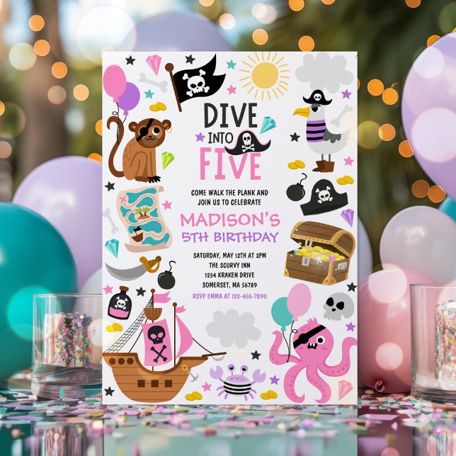 Dive Into Five Girl Pink Pirate 5th Birthday Party Invitation (Creator Uploaded)