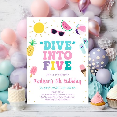 Dive into Five Girl Pool Party 5th Birthday Invitation