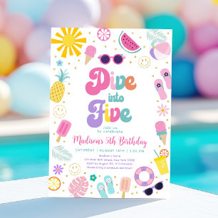 Dive Into Five Girl Pool Party Summer Birthday Invitation