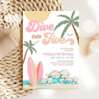 Dive into Five Girl Surfing 5th Birthday Party Invitation