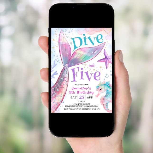 Dive into Five Mermaid 5th Birthday Invitation (Front Digital)