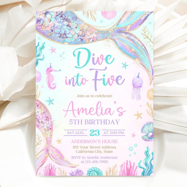 Dive into Five Mermaid 5th Birthday Invitation Sea (Creator Uploaded)