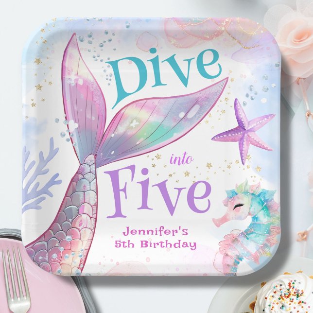 Dive into Five Mermaid 5th Birthday Paper Plates (Creator Uploaded)