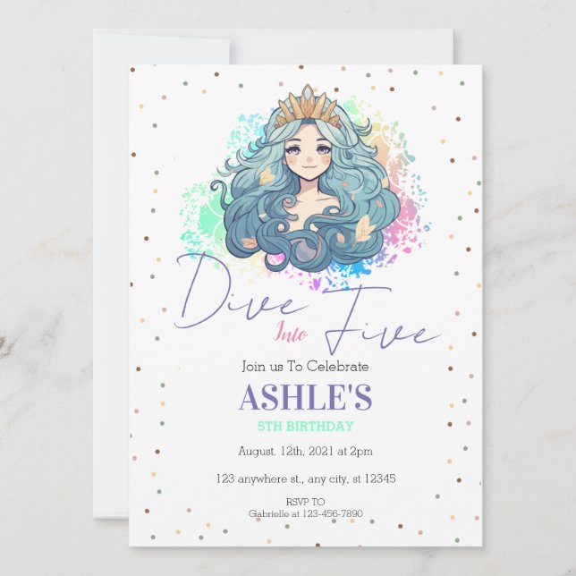  Dive Into Five Mermaid 5th Birthday Party  Invitation (Front)