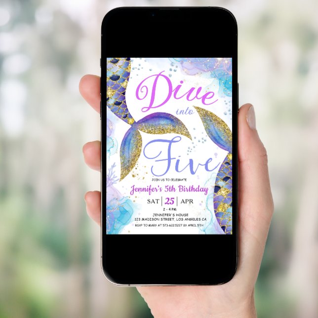 Dive into Five Mermaid 5th Birthday Party Invite (Front Digital)