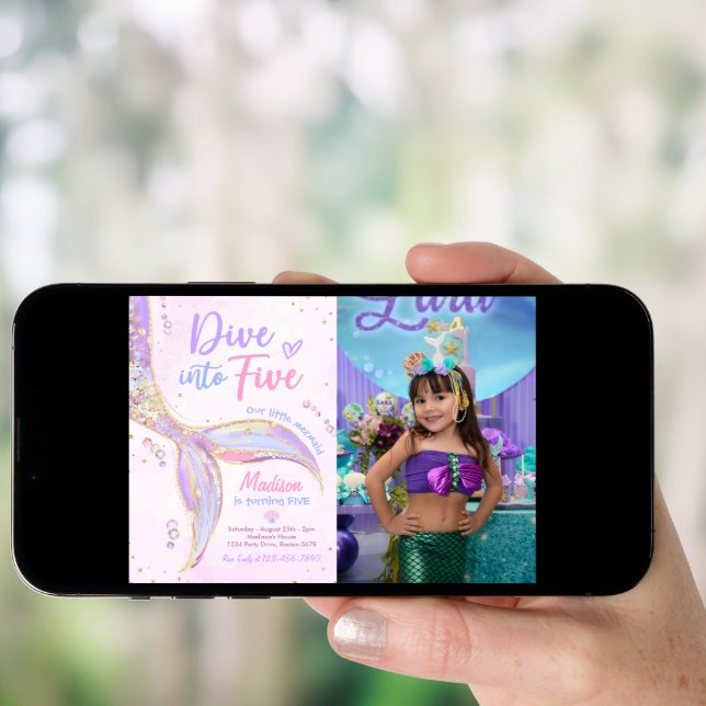 Dive Into Five Mermaid 5th Birthday Party Photo Invitation (Front Digital)