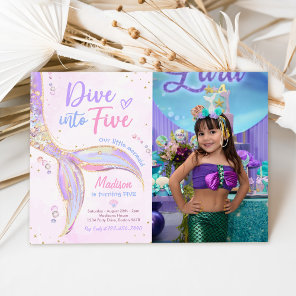 Dive Into Five Mermaid 5th Birthday Party Photo Invitation