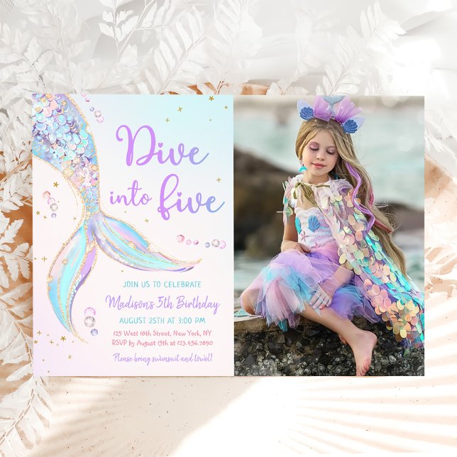 Dive Into Five Mermaid 5th Birthday Party Photo Invitation (Creator Uploaded)