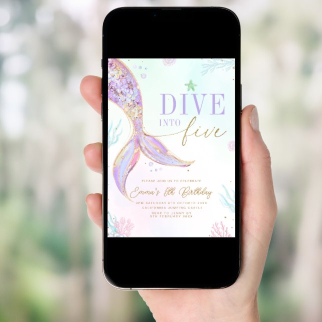 Dive into Five Mermaid Birthday Invitation Editabl (Front Digital)