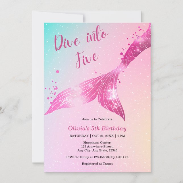 Dive into Five Mermaid Girl 5th Birthday  Invitation (Front)