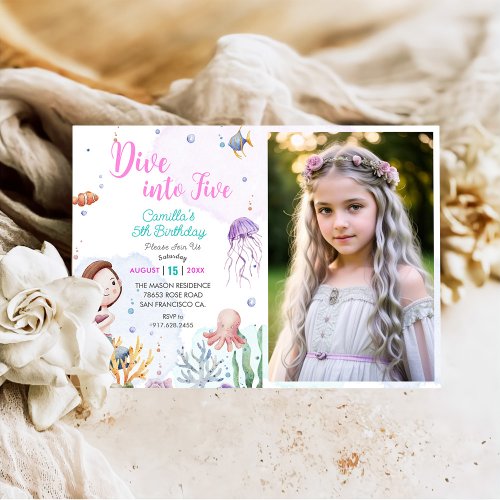 Dive Into Five Mermaid Girl 5th Birthday Photo Invitation