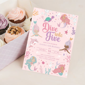 Dive Into Five Mermaid Invitation - Pink Girl 5th