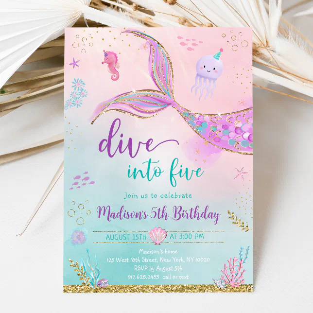 Dive Into Five Mermaid Pink Purple 5th Birthday Invitation | Zazzle