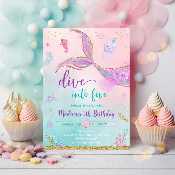 Dive Into Five Mermaid Pink Purple 5th Birthday Invitation by LittlePrintsParties at Zazzle