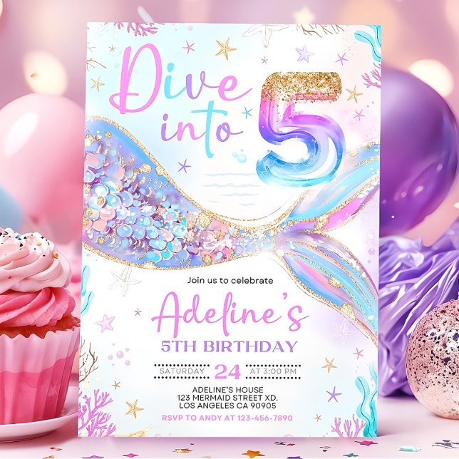 Dive into Five Mermaid Purple Teal 5th Mermaid Bir Invitation (Creator Uploaded)