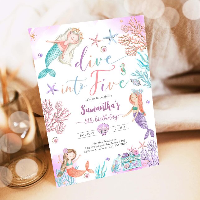 Dive Into Five Mermaid Under The Sea 5th Birthday  Invitation (Creator Uploaded)