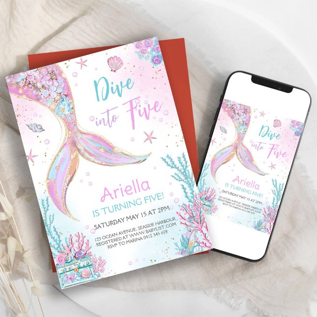 Dive Into Five Mermaid Under the Sea 5th Birthday  Invitation (Creator Uploaded)